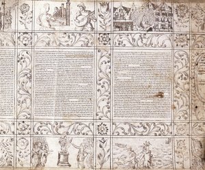 Valaistu käsikirjoitus sefardikirjoituksella, jossa näkyy kohtauksia hollantilaisesta elämästä ja Raamattu kukkakartusseilla, 1600-luku tekijältä Netherlandish School
