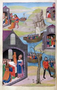 Ms 324 f.118 v. Heenbas unelma. Paris ja Helen. Calchas selittää ihmelapsia, Ovidiuksen luvusta Metamorphoses 12, 1479 tekijältä Netherlandish School