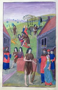 Ms 324 f.91 v. Hercules taistelee Achelousta vastaan ja tarttuu härkää sarvista, 1479 tekijältä Netherlandish School