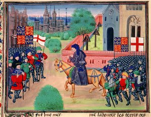Roy 18 E I f.165v Talonpoikien kapina, jossa näkyvät Englannin ja St. Georgen liput, John Ball johtamassa kapinallisia, kuva 