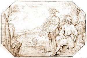 Neljä vuodenaikaa: Kesä - Korjuu, n. 1675 (kynä ja seepiamuste paperilla) tekijältä Netherlandish School