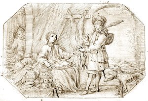 Neljä vuodenaikaa: Talvi - Paluu metsästyksestä, n. 1675 (kynä ja seepiamuste paperilla) tekijältä Netherlandish School