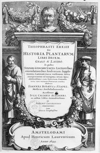 Amsterdamissa vuonna 1644 julkaistun Theophrastoksen (n. 372-287 eKr.) Historia Plantarum Libri Ten -julkaisun nimisivu tekijältä Netherlandish School