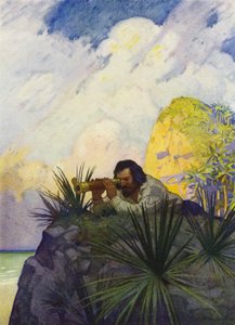 Kuvitus Robinson Crusoelle (väri litho) tekijältä Newell Convers (after) Wyeth