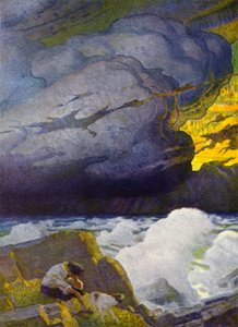 Kuvitus Robinson Crusoelle (väri litho) tekijältä Newell Convers (after) Wyeth