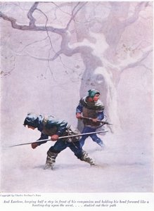 Ja Lawless pysyy puoli askelta seuralaisensa edessä ja piti päätään eteenpäin kuin metsästyskoira tuoksussa - tutki polkuaan, 1916 tekijältä Newell Convers Wyeth