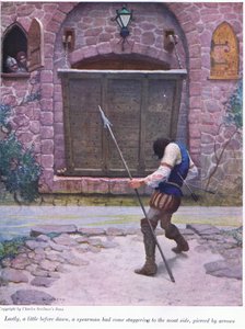 Viimeinkin vähän ennen aamunkoittoa, keihäsmies on tullut vallihaudalle nuolien lävistettynä, 1916 tekijältä Newell Convers Wyeth