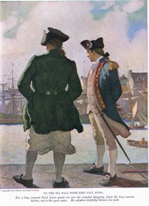Meren seinällä John Paul Jonesin kanssa: John Paul katseli pitkän hetken merenkulkua satamaa pitkin avoveteen, 1928 tekijältä Newell Convers Wyeth