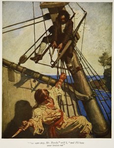 Vielä yksi askel, herra Hands, sanoin minä, ja räjähdän aivosi pois, kuva Robert Louis Stevensonin pubista "Treasure Island". Charles Scribnerin pojat, 1911 tekijältä Newell Convers Wyeth