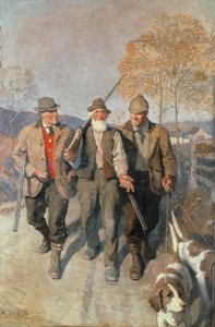 Kolme metsästäjää ja koiraa (öljy kankaalle) tekijältä Newell Convers Wyeth