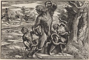 Karikatyyri Laocoon-ryhmästä tekijältä Niccolò Boldrini after Titian