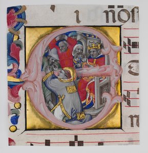 Käsikirjoituksen valaistus Pyhän Tapanin marttyyrikuoleman kanssa alkuvaiheessa..., n. 1394-1402. tekijältä Niccolò di Giacomo da Bologna