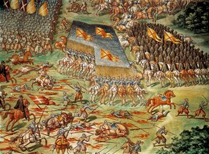 St. Quentinin taistelu (Saint Quentin), jossa espanjalaiset voittivat ranskalaiset vuonna 1557 Italian sotien aikana, yksityiskohta ratsuväen hyökkäyksellä tekijältä Niccolo (and workshop) Granello