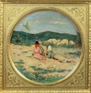 Paimenhahmoilla maalattu lautanen, Niccolo Cannicci, noin 1880, öljy terrakottalautaselle