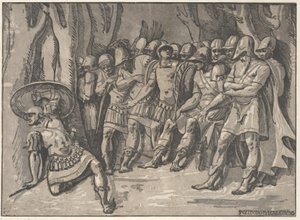 Ajax alhaalla vasemmalla kilveä ylhäällä, oikealla seisoo Agamemnon hänen..., 1540-50 ympäröimänä.