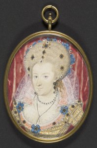 Anne of Denmark, n. 1600 (kortille asetettu guassi tarranauhalla) tekijältä Nicholas (studio of) Hilliard