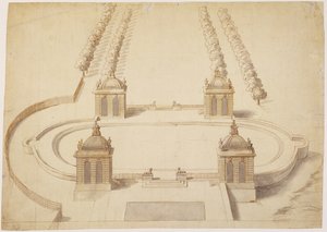 Suunnittelu Bowling Greenille, Hampton Court, n. 1689-1691 (kynä ja ruskea muste, pesu ja grafiitti paperilla) tekijältä Nicholas Hawksmoor