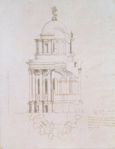 Toteutumattoman kastekappelin korkeus, poikkileikkaus ja suunnitelma Pyhän Paavalin katedraalille, n. 1711-1712 (kynä ja mustepesu paperille) tekijältä Nicholas Hawksmoor