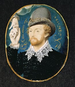 Mies puristaa kättä pilvestä, mahdollisesti William Shakespeare, 1588 tekijältä Nicholas Hilliard