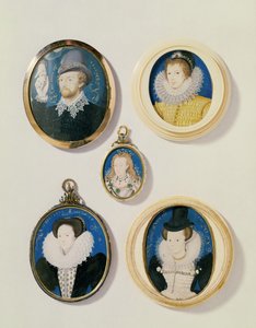 Miniatyyrit L:stä R, T:hen B: Mies kädellä pilvestä; Tuntematon nuori mies, 1588; rouva Holland 26, 1593; Arabella Stuart, Lennoxin herttuatar; Tuntematon Lady tekijältä Nicholas Hilliard