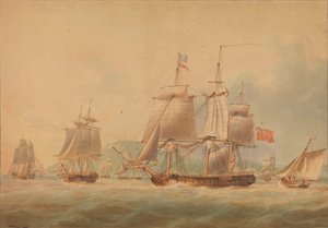 Saattue lähdössä, mukana fregatti [mahdollisesti "Triton" (1796)]. tekijältä Nicholas Pocock