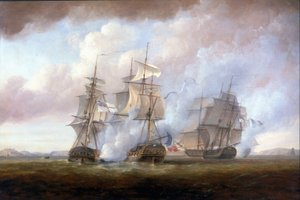Ranskalaisten fregattien "Resistance" ja "Constance" kaappaus HMS "San Fiorenzo" ja "Nymphe" toimesta 9. maaliskuuta. tekijältä Nicholas Pocock
