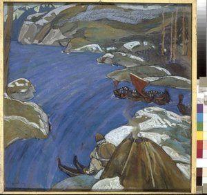 Varegue reitti (tai rus). (Varangian tapa). Tanskalaiset ja ruotsalaiset viikingit, jotka kulkivat koko itäisten alueiden jokiverkoston ja rakensivat linnoituksia aina Kaspianmerelle saakka ja loivat siten perustan Venäjän valtiolle. Työ tekijältä Nicholas Roerich