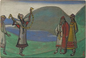 Neitot, sisustus- ja pukusuunnittelu Stravinskyn balettiin "Le Sacre du Printemps", 1944 tekijältä Nicholas Roerich