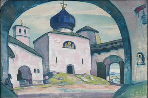 Vanha Pihkova, sisustus Rimski-Korsakovin oopperaan "Pihkovan piika", 1922 tekijältä Nicholas Roerich