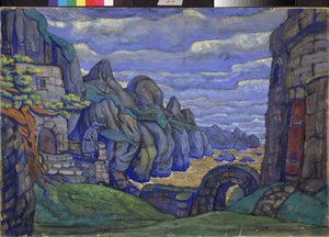 Kylä meren rannalla Richard Wagnerin (1813-1883) oopperan Tristan ja Isolde valmisteleva sisustus. Nicholas Roerichin (1874-1947) työ, guassi ja tempera pahville tekijältä Nicholas Roerich