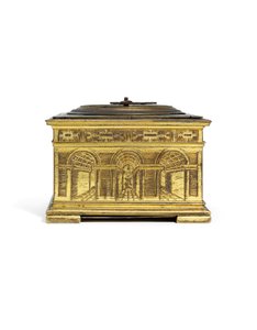 Elizabeth I kaiverrettu silmiinpistävä vaakasuuntainen pöytäkello, n. 1590-1600 (kullattua messinkiä) tekijältä Nicholas Vallin