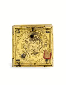 Elizabeth I kaiverrettu silmiinpistävä vaakasuuntainen pöytäkello, n. 1590-1600 (kullattua messinkiä) tekijältä Nicholas Vallin