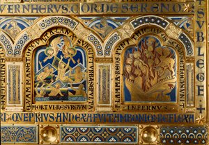 Nicolas de Verdunin (n. 1130/50-1205) kullasta ja enamaillesta tekemä Verdun-alttari: kohtauksia Vanhasta ja Uudesta testamentista: yksityiskohta, joka kuvaa kuolleiden jättämistä haudastaan viimeisen tuomion päivänä ja pirun liekeissä palavia helvetistä. 