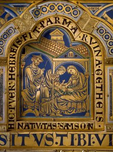 Nicolas de Verdunin (n. 1130/50-1205) kullasta ja emalista tekemä Verdun-alttari: kohtauksia Vanhasta ja Uudesta testamentista: Simsonin syntymää kuvaava yksityiskohta. 1100-luvun Klosterneuburg Wien, Itävalta - Verdun-alttari, emali kullatulla kuparilla, 