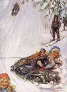Norja: Girls on Overturned Sledge, Holmencollen (väri litho) tekijältä Nico Jungman