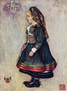 Norja: Saetersdalen-tyttö kansallispuvussa (värinen lito)