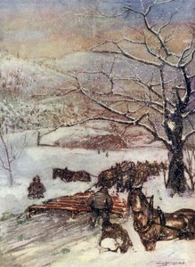 Norja: Kahdeksan tai kymmenen hevosen piirtämä lumiaura (väri litho)