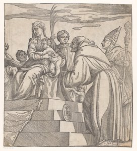 Doge Francesco Donato polvistuu Marian ja Kristuksen edessä (oikea puolisko) tekijältä Nicolò Boldrini (attributed to)