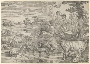 Maisema, jossa maitoneito oikealla ja poika vasemmalla, n. 1535-40, n. 1535-40.