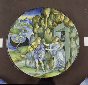 Orfeus ja Eurydike Tuonelan portilla, maiolikalevy, tekijä Nicola Pellipario Urbinosta (k.1510-42), noin 1515. tekijältä Nicolò Pellipario