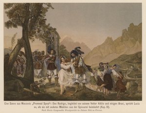 Kohtauksia Alessandro Manzonin romaanista I Promessi Sposi (värilitografia). tekijältä Nicola Cianfanelli