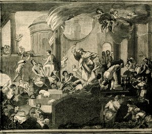 Jeesus ajoi kauppiaita temppelistä, Nicola Malinconicon (1663-1721) öljy kankaalle, Basilica of Sant