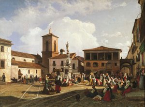 Benevento (Campanian alue), Orsini-aukio, jossa on katedraalin kellotorni ja paavi Orsinille omistettu suihkulähde (öljy kankaalle) tekijältä Nicola Palizzi