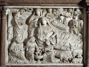 Ilmoitus ja syntymä Tuolin toteuttaja Nicola Pisano (1215 / 20-1278 / 84) (Marmorisaarnatuoli) 1260 Baptistere Saint John of Pisa (Battistero San Giovanni di Pisa), Italia