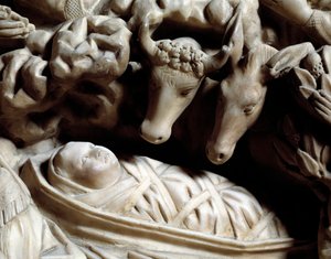 Taide ja goottilainen arkkitehtuuri: nativiitti - Yksityiskohta Nicola Pisanon (1215/20-1278/84) vuosina 1266-1268 tekemän marmoripöydän bareljeefeista (Marmorisaarnatuoliyksityiskohdat, syntymä) Cathedrale Notre-Dame-de-l 
