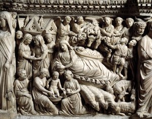 Goottilainen taide ja arkkitehtuuri: Vierailu ja syntymä - Yksityiskohta Nicola Pisanon (1215/20-1278/84) vuosina 1266–1268 tekemän marmoripöydän bareljeefeista (Marmorisaarnatuolien yksityiskohdat, vierailut ja syntymä) Cathedrale Notre-Dame- de-l