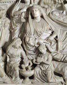 La nativite (syntymä) Yksityiskohta Tuolin toteuttaja Nicola Pisano (1215 / 20-1278 / 84) (Marmorisaarnatuoli) 1260 Baptistere Saint John of Pisa (Battistero san Giovanni di Pisa), Italia tekijältä Nicola Pisano
