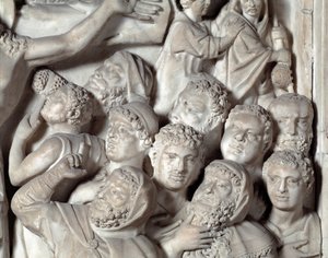 Ristiinnaulitsemisen yksityiskohtainen tuoli, toteuttanut Nicola Pisano (1215 / 20-1278 / 84) (Marmorisaarnatuoli) 1260 Pyhän Johannes Pisan kastaja (Battistero san Giovanni di Pisa), Italia tekijältä Nicola Pisano