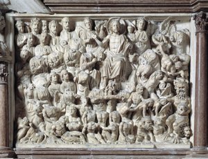 Viimeinen tuomio (Viimeinen tuomio) Tuolin teki Nicola Pisano (1215/20-1278/84) (Marmorisaarnatuoli) 1260 Baptistere Saint John of Pisa (Battistero san Giovanni di Pisa), Italia