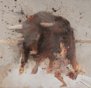 Härkä ja härkätaistelija, 2019 (öljy ja poltto puulle) tekijältä Nicola Pucci
